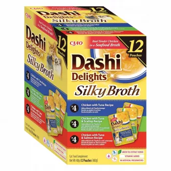 Mitrā kaķu barība INABA Dashi Delights Silky Broth Chicken mix, 12×40 g paciņas, pilnvērtīga barība pieaugušiem kaķiem