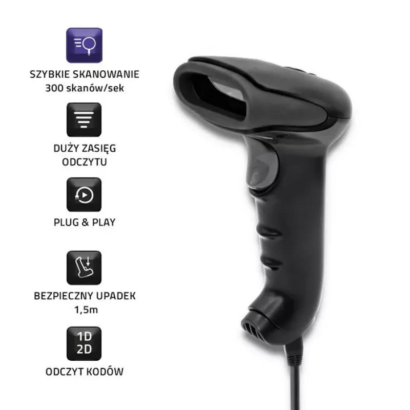 Rokas svītrkodu lasītājs QOLTEC 50868 — 1D/2D lāzera skeneris, USB vadu un bezvadu, darba attālums 600 mm, melns