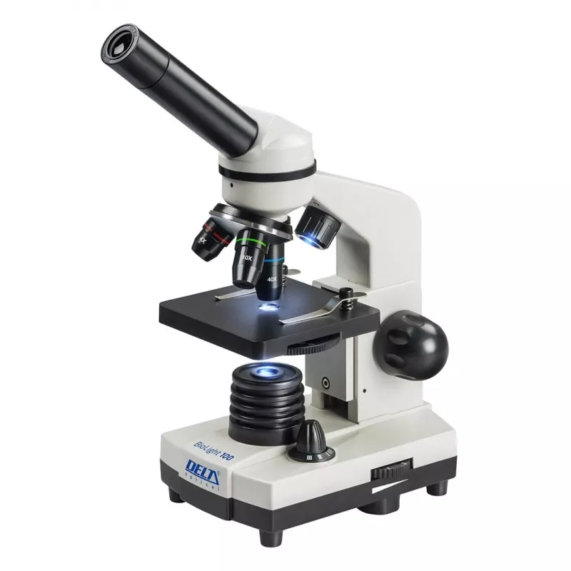 Kombinētais optiskais mikroskops Deltaoptical DO-3210 — monokulārs, 3 ahromātiski objektīvi, LED apgaismojums, 40–400×, 45° slīpa rotējoša galva