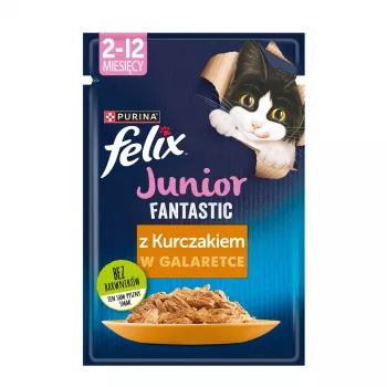 Mitrā kaķu barība Purina Nestlé Felix Fantastic Junior 85 g paciņa — vista, 77,5% mitrums, 13,5% olbaltumvielas