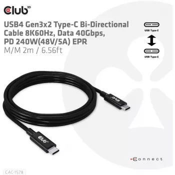 CLUB3D USB4 Gen3x2 Type-C divvirzienu kabelis 8K60Hz, Dati 40Gbps, PD 240W(48V/5A) EPR M/M 2m / 6.56ft