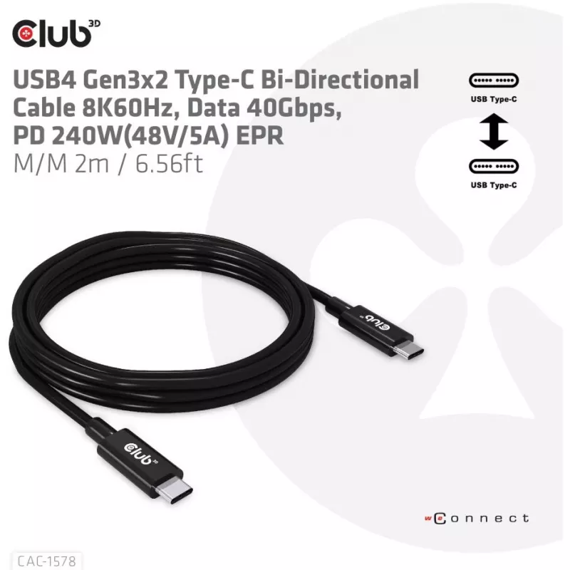 CLUB3D USB4 Gen3x2 Type-C divvirzienu kabelis 8K60Hz, Dati 40Gbps, PD 240W(48V/5A) EPR M/M 2m / 6.56ft