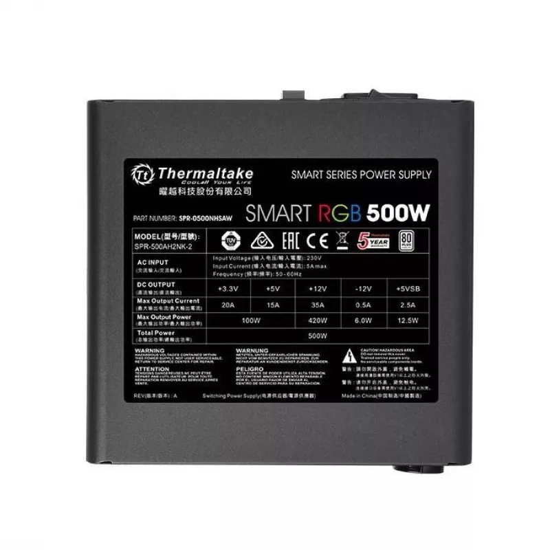 Thermaltake SMART RGB PS-SPR-0500NHSAWE-1 - Barošanas bloks (iekšējais) - ATX12V 2.3 - 80 PLUS - Maiņstrāva 230 V - 500 vati - aktīvā PFC - Melns