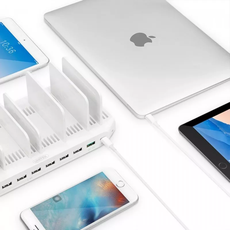 Uzlādes stacija Unitek Y-2190A — 10 × USB ports (8 × USB 2.0 + 2 × USB 3.2 Gen 1), bezvadu uzlāde, 96 W kopējā jauda