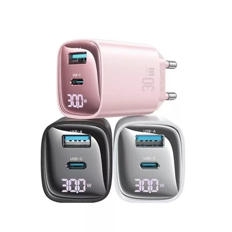 USB un USB-C 30 W GaN ātrais lādētājs usams CC229 balts — LED indikators, kompakts dizains
