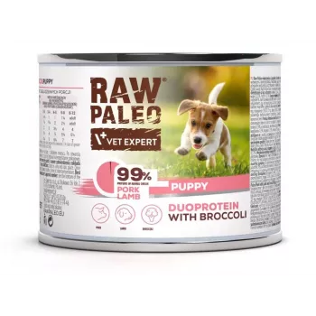 Mitrā suņu barība VETEXPERT RAW PALEO Duoprotein Cūkgaļa & Jēra gaļa Kucēniem 200 g, bez glutēna un sojas, mitrums 81%