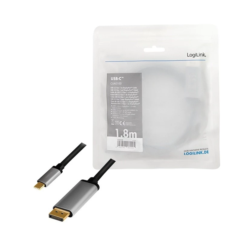 LogiLink CUA0100 Kabeļa savienotāju adapteris DisplayPort USB 3.2 Gen1 Type-C 1,8 m Melns Pelēks