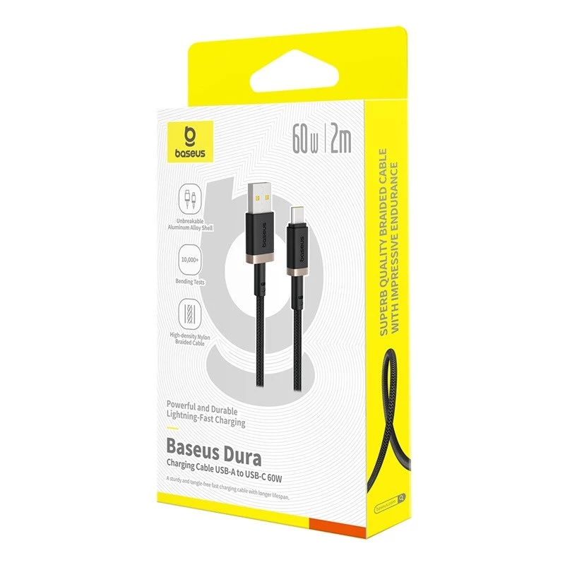 Baseus Dura USB Type A uz Type C 60 W ātrās uzlādes kabelis 2 m Melns, Zelts
