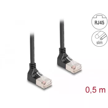 tīkla kabelis DeLOCK RJ45 Cat.6A S/FTP plāns 90° Upwards 0.5m Melns