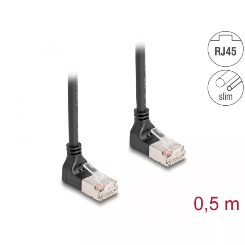 tīkla kabelis DeLOCK RJ45 Cat.6A S/FTP plāns 90° Upwards 0.5m Melns