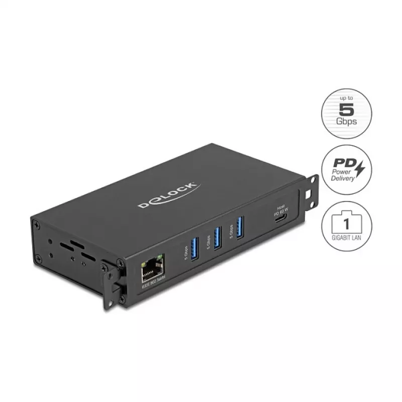DELOCK USB centrmezgls, 3 pieslēgvietas, 5 Gbps, ar RJ45 Gigabit PoE++ un USB Type-C saimniekdatora pieslēgvietu, metāla korpuss, 1,5 kV izolācija, melns