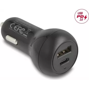 Auto lādētājs DELOCK 64329 — 12–24V cigāru aizdedzinātāja USB-C ātrā uzlāde viedtālrunim un planšetdatoram, melns