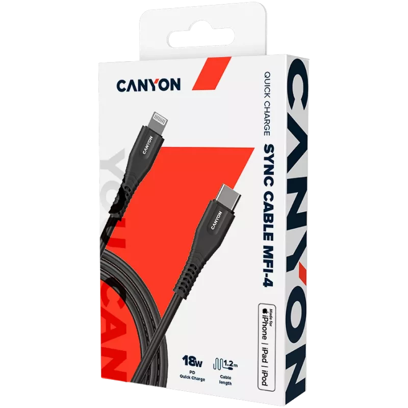 CANYON kabelis MFI-4 Type-C uz Lightning 1,2m Melns