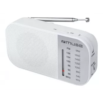 Portable radio Muse M-025 RW — analog FM/MW, balta, battery-powered, external antenna