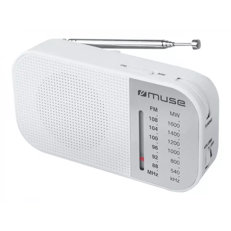Portable radio Muse M-025 RW — analog FM/MW, balta, battery-powered, external antenna