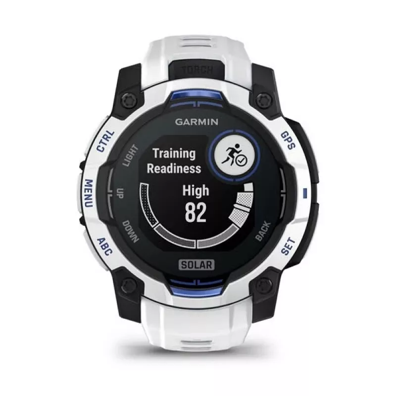 Viedpulkstenis GARMIN Instinct 2 45 mm, MIP 0,9 collas (176×176), GPS, saules enerģija, silikona siksniņa zila/balta