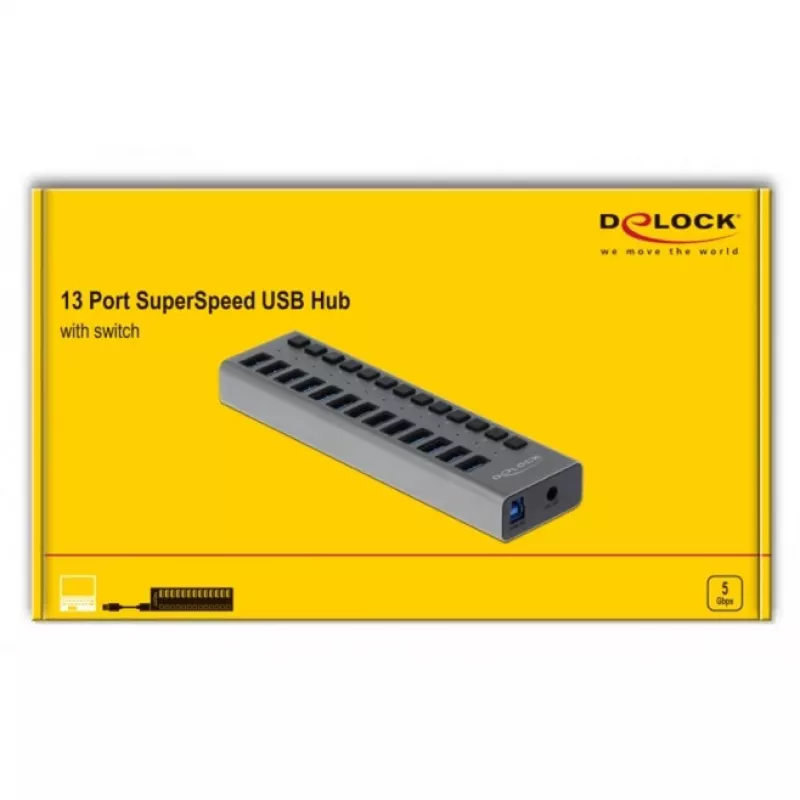 DeLOCK ārējais USB 5 Gbps centrmezgls ar 13 portiem + slēdzi, USB 3.2 Gen 1 (3.1 Gen 1) Type-B, USB 3.2 Gen 1 (3.1 Gen 1) Type-A, 5000 Mbit/s, pelēks, alumīnijs, 1 m