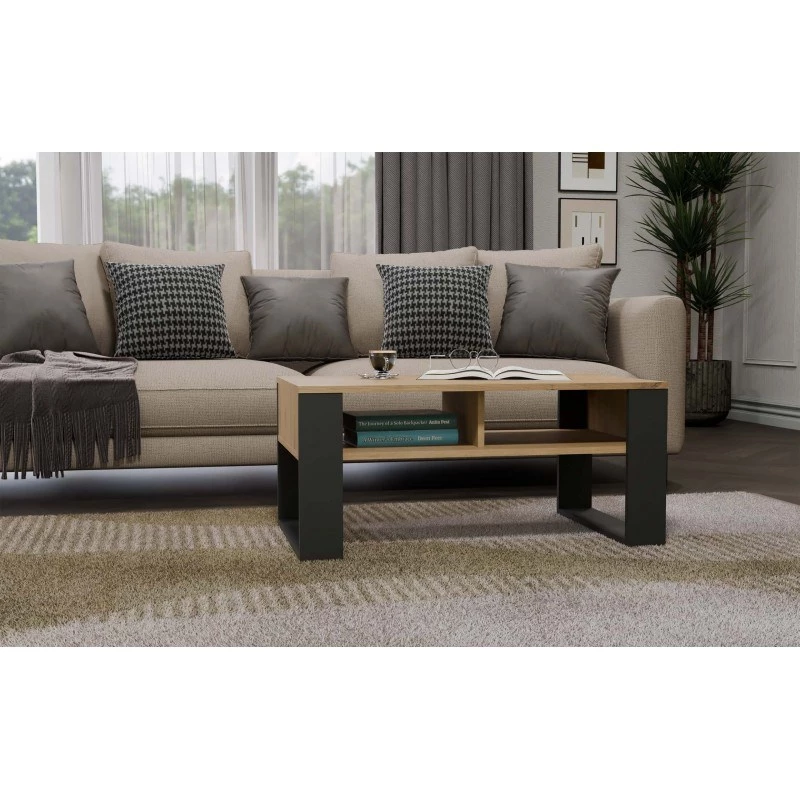 top e shop Modern kafijas galdiņš 90×58×50 cm, antracīta krāsas rāmis, matētas Artisan ozola plaukti