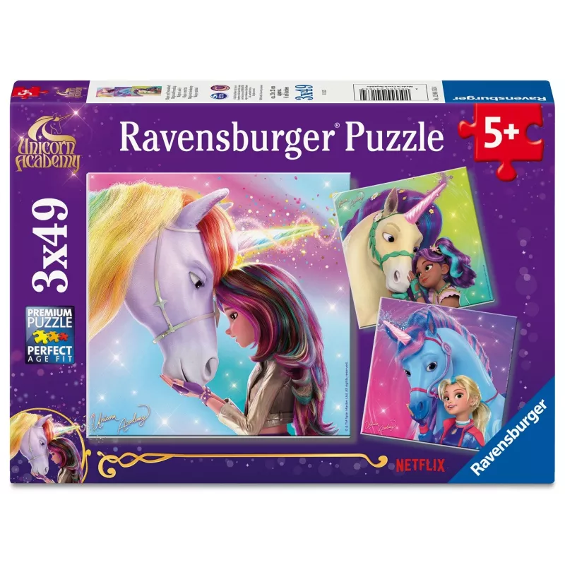 Puzle Ravensburger Unicorn Academy — 3 x 49 gabali, komplekts bērniem
