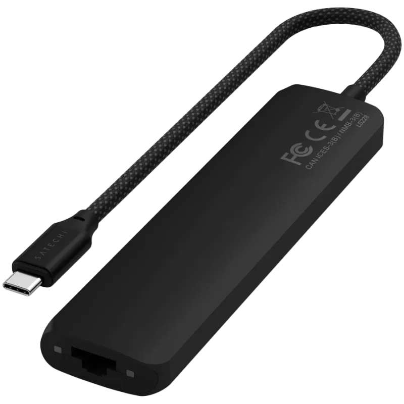 Satechi 7-in-1 USB-C Slim Multiport Adapter Ethernet (USB-C PD, 2x USB-A, HDMI 4K, Ethernet, micro/SD karšu lasītājs) (Melns)