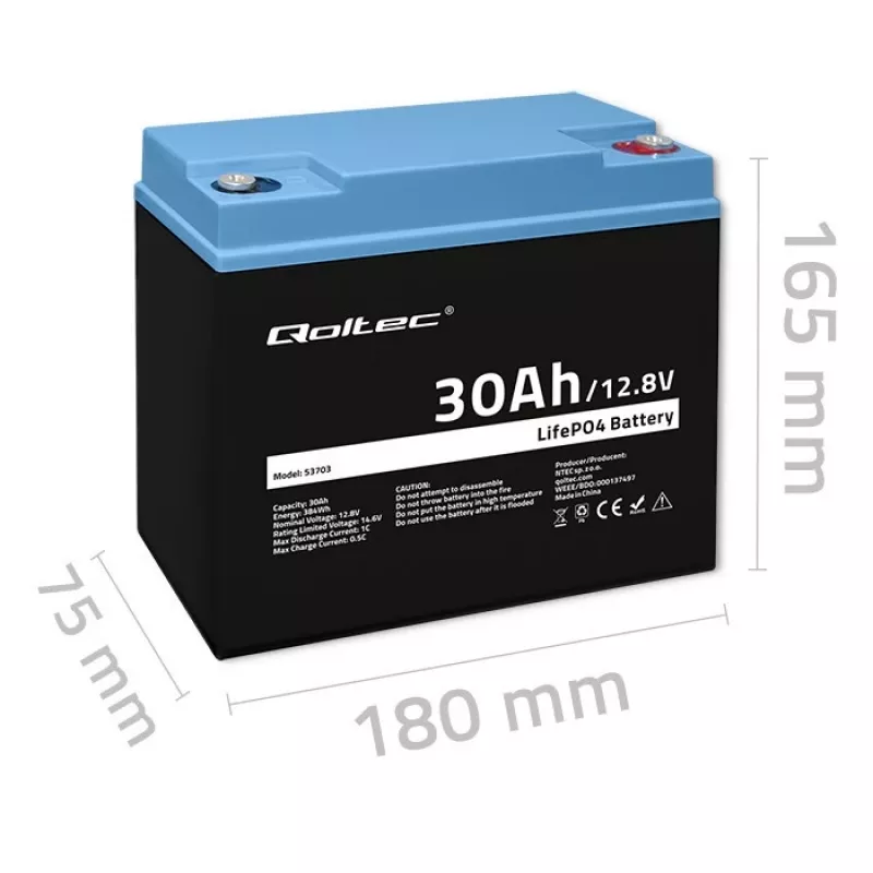 Uzlādējama LiFePO4 baterija QOLTEC 12.8V 30Ah 384Wh ar BMS