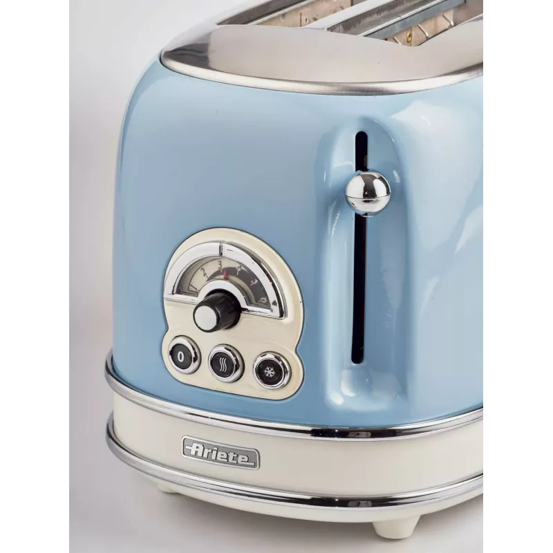 Ariete 155 Design 2 Slice Toaster ar sviestmaižu turētājiem, 6 grauzdēšanas līmeņi, 810 W, nerūsējošā tērauda korpuss, noņemama drupaču paplāte, pasteļzils