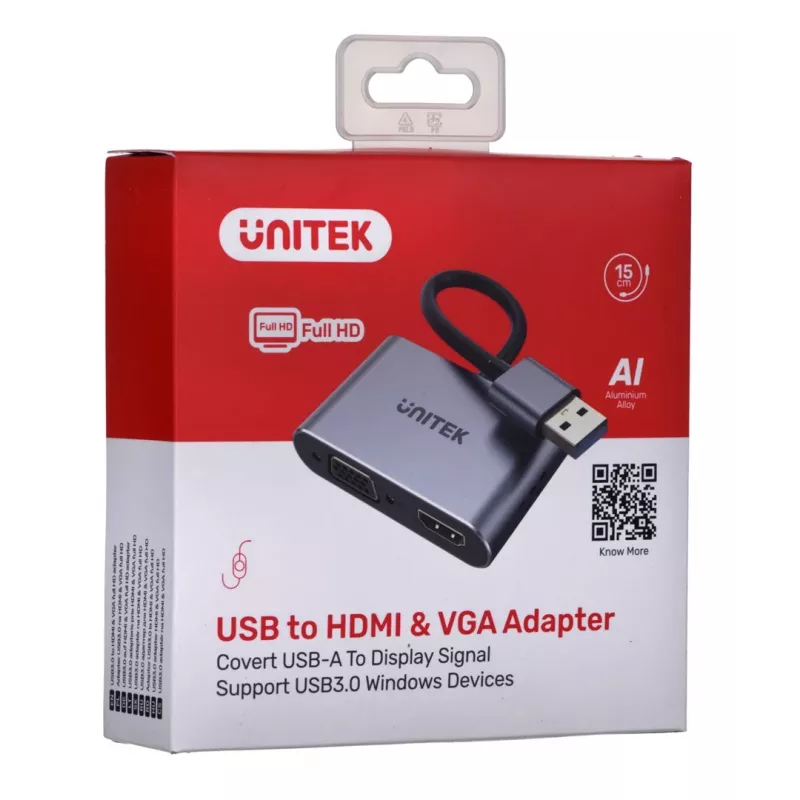 UNITEK V1304A video kabeļa adapteris 0,15 m USB Type-A HDMI + VGA (D-Sub) pelēks