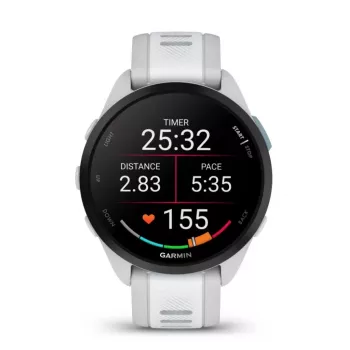 Viedpulkstenis GARMIN Forerunner 165 — GPS, AMOLED 1,2 collas, 4 GB, 5 ATM, 11 dienu akumulators, pelēks korpuss, balta siksniņa