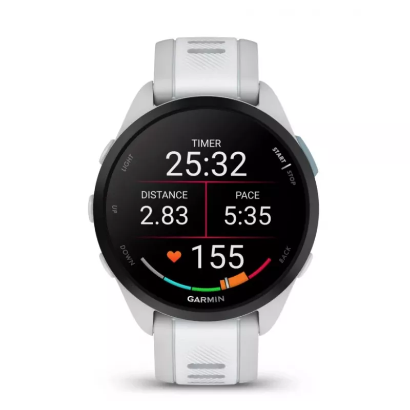 Viedpulkstenis GARMIN Forerunner 165 — GPS, AMOLED 1,2 collas, 4 GB, 5 ATM, 11 dienu akumulators, pelēks korpuss, balta siksniņa