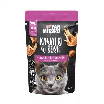 Mitrā kaķu barība Pan Mięsko Gabaliņi mērcē — vista ar garnelēm, 85 g, pieaugušiem kaķiem, mitrums 81%