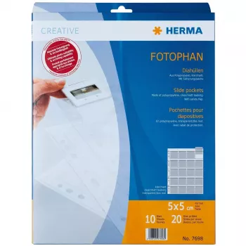 HERMA 7698 Fotophan diapozitīvu kabatas 5x5, 10 loksnes, caurspīdīgas/matētas