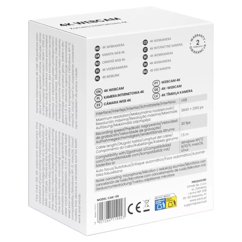 Savio CAK-06 tīmekļa kamera 3840 x 2160 pikseļi USB Melna