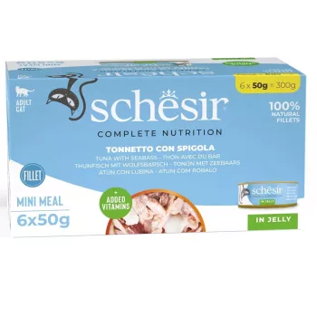 Mitrā kaķu barība Agras Pet Foods Schesir tunzivs ar jūras asaru želejā, 6 × 50 g (300 g), pieaugušiem kaķiem