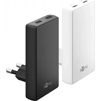 Goobay USB-C PD GaN divkāršais ātrais lādētājs 90° plakans 45 W melns - 2 pieslēgvietas (75721)