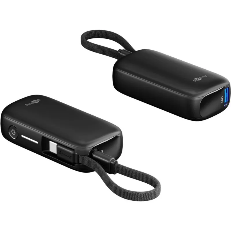 Powerbank 5.000 mAh, integrēts USB-C kabelis 13cm, 20 vati (melns, 5 Ah, 1x USB-A, 1x USB-C, PD, QC)