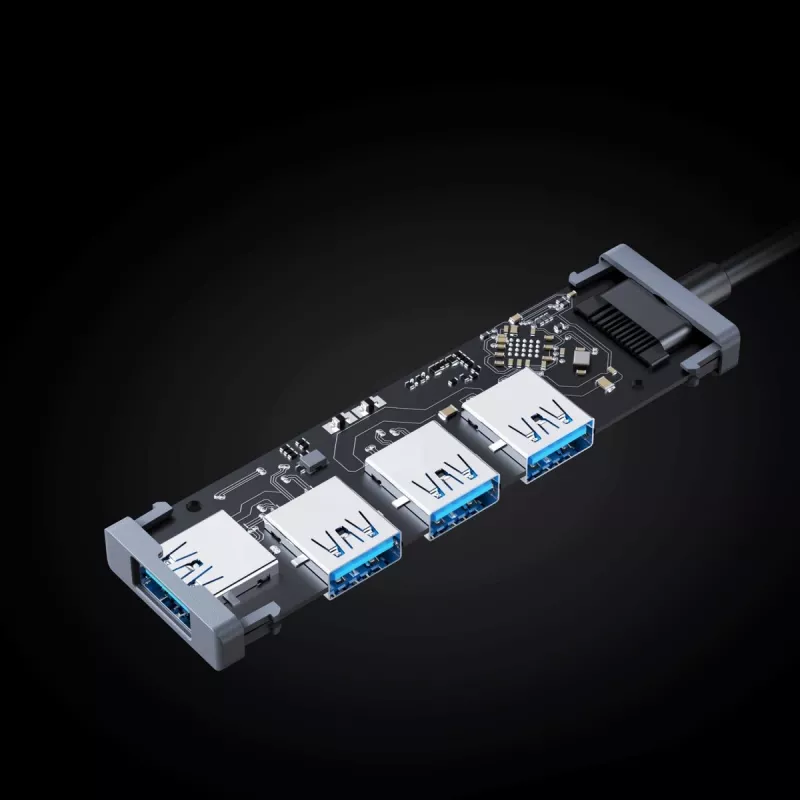 USB centrmezgls Aukey CB-H36 — 4 portu USB 3.2 Gen 1 Type-A, resursdators USB 2.0, 5000 Mbit/s, alumīnijs sudraba krāsā