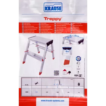 Saliekamās pakāpienu kāpnes Krause Treppy Silver 130020 — alumīnija, 2 pakāpieni, 150 kg ietilpība, salocītas 55×20 cm, svars 2 kg