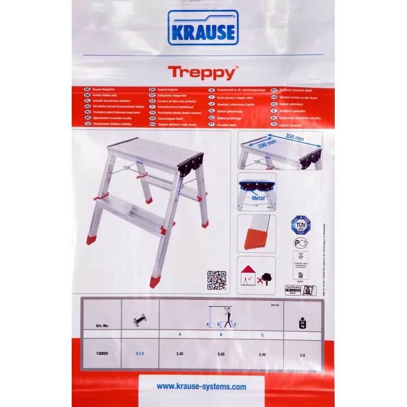 Saliekamās pakāpienu kāpnes Krause Treppy Silver 130020 — alumīnija, 2 pakāpieni, 150 kg ietilpība, salocītas 55×20 cm, svars 2 kg