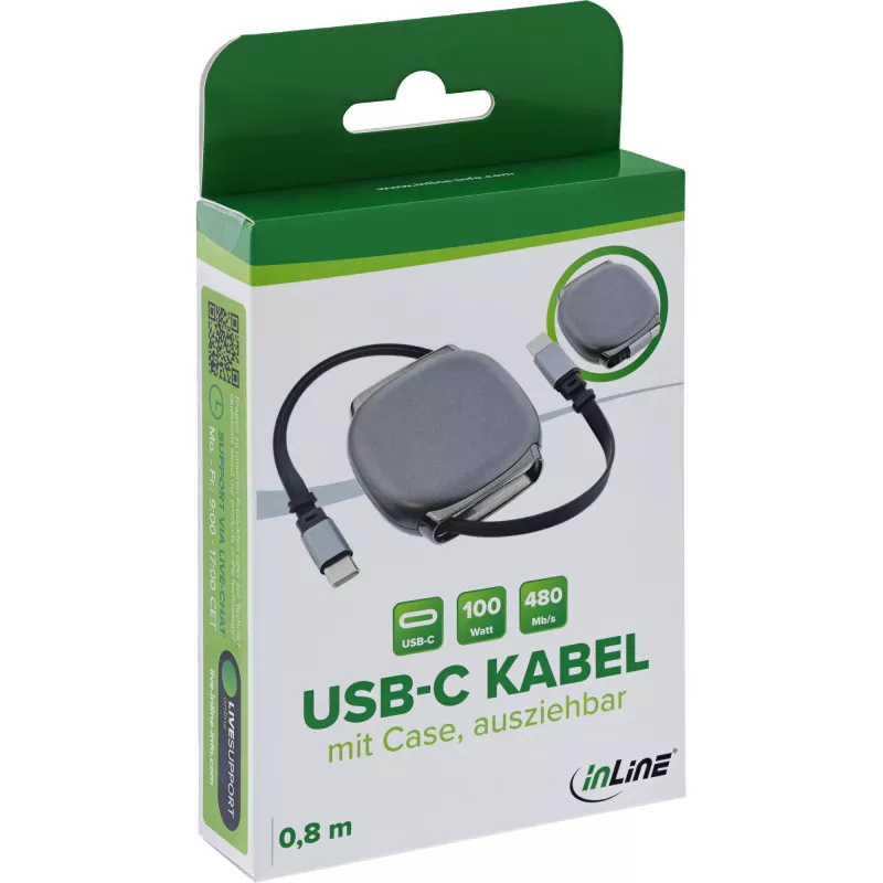 USB-C kabelis InLine 35850, 100 W jaudas piegāde, 0,80 m, melns/pelēks