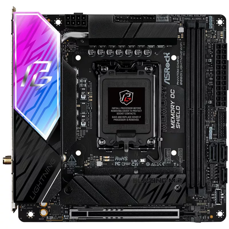Mātesplate ASROCK B860I Lightning WiFi — Intel B860, LGA 1851, Mini-ITX, DDR5, 2x DIMM, 4x M.2, 2.5Gb LAN, Wi‑Fi 6E, Bluetooth 5.3