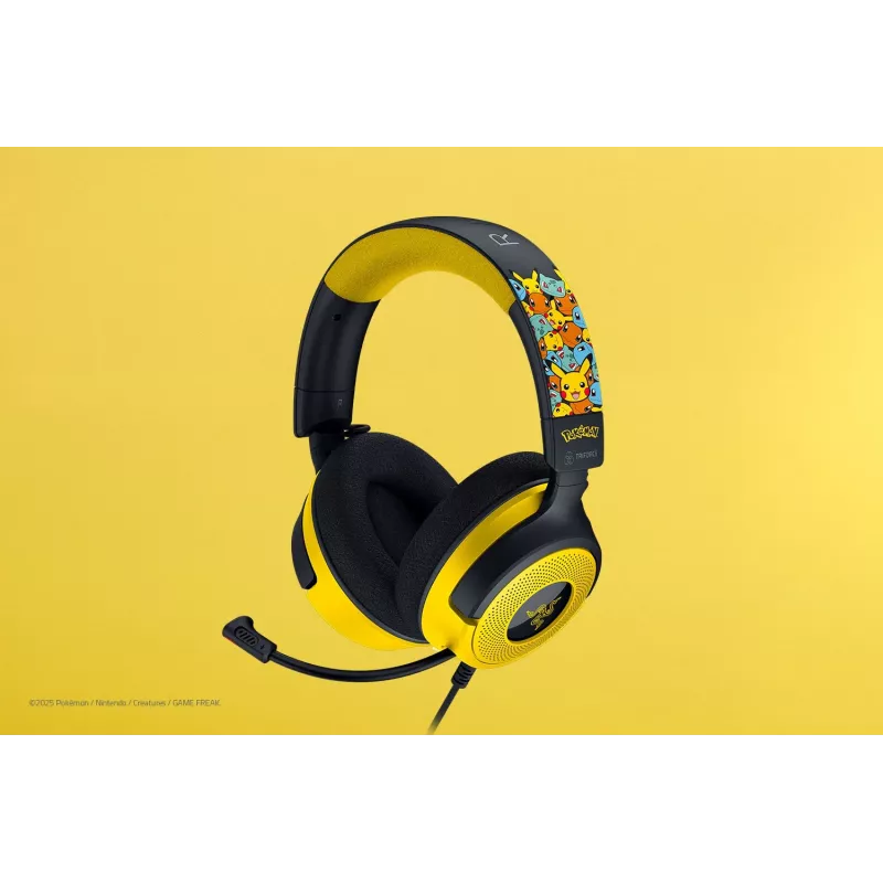 Austiņas Razer Kraken V4 X Pokemon — vadu USB-C/USB-A, supraaurālas, 20–20000 Hz, 1,8 m kabelis, 310 g, melnas/dzeltenas