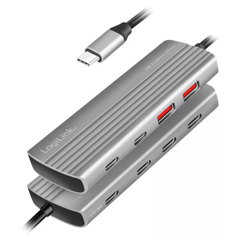 LogiLink USB 3.2 Gen2 centrmezgls 7+1 porti, 2x USB-A, 5x USB-C, PD 100 W, alumīnijs