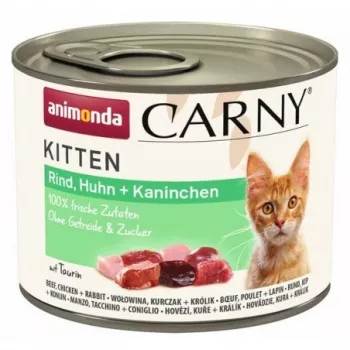 Mitrā kaķu barība animonda Carny BEEF CHICKEN RABBIT 200 g kārba — junioriem, 10,5% olbaltumvielu, 6,3% tauku, 80% mitruma