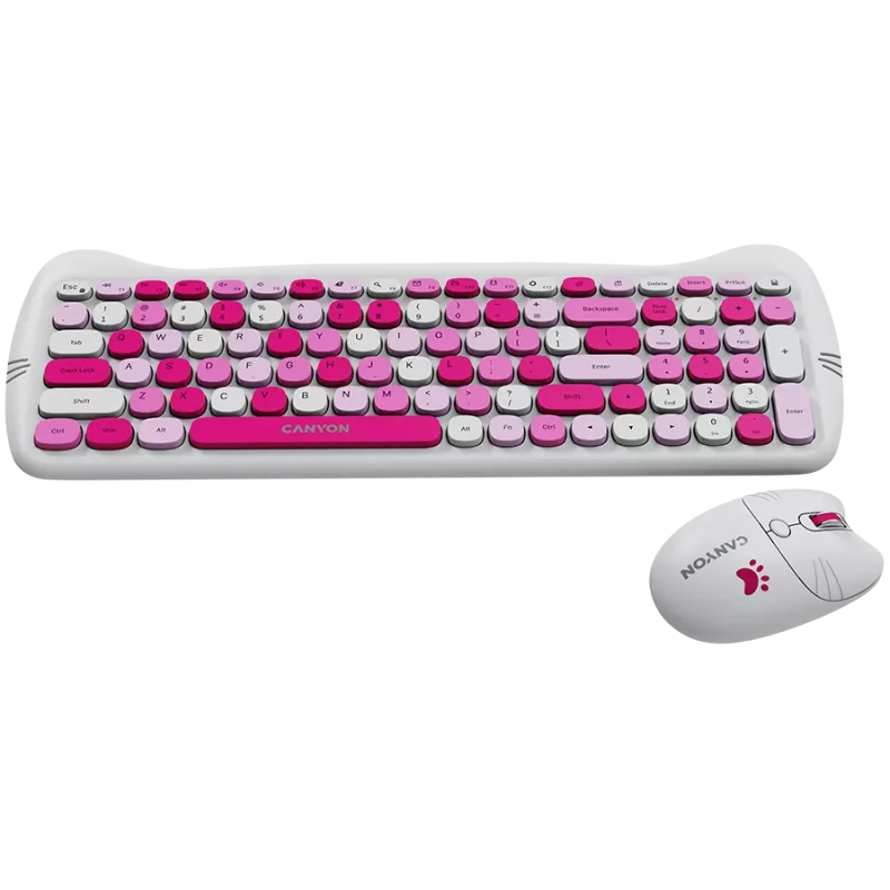Bezvadu tastatūras un peles komplekts CANYON HSET-W6 Pink Kitty Edition