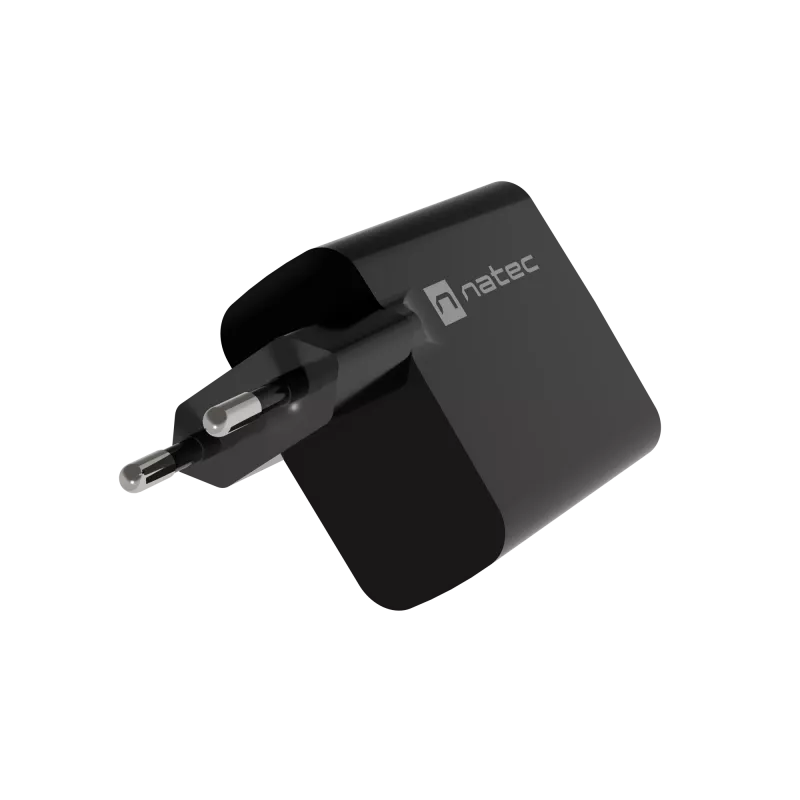 Vadu mobilo ierīču lādētājs NATEC NUC-2145, 65W, USB-C PD 3.0 + QC 3.0, 1x USB-C, 1x USB-A, 110–240V, melns