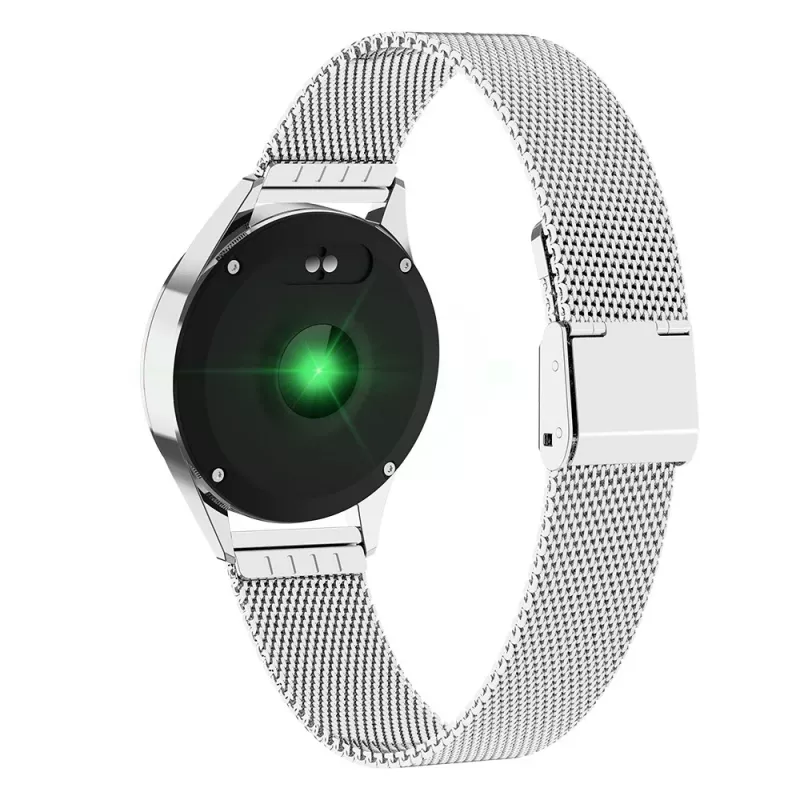 Smartwatch ORO-MED ORO-SMART CRYSTAL SILVER — apaļš metāla korpuss, LCD 240×198, 1,04 collu displejs, Bluetooth 4.0, ūdensizturīgs, 120 mAh baterija