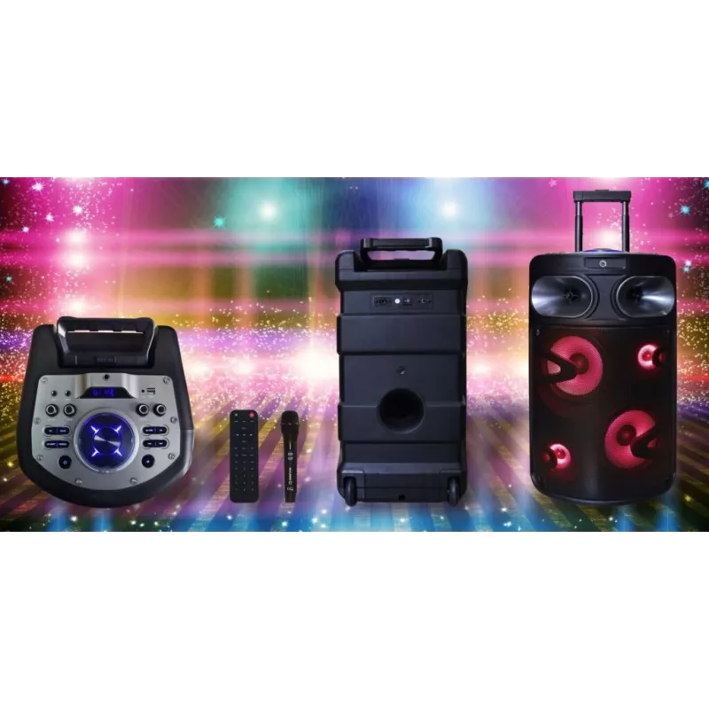 Pārnēsājams Bluetooth karaoke skaļrunis MANTA SPK0803B140 140W, darbināms ar baterijām, MIC/USB/microSD, FM, ekvalaizers, riteņi
