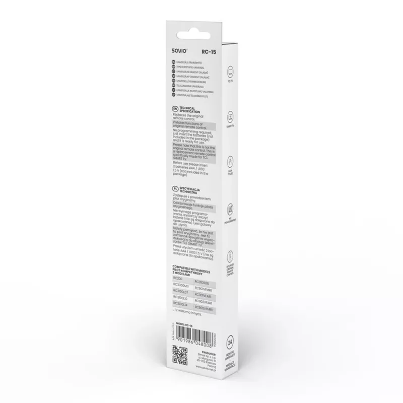 SAVIO universālā TV tālvadības pults RC-15 TCL SMART TV, IR bezvadu, melna, diapazons 10 m