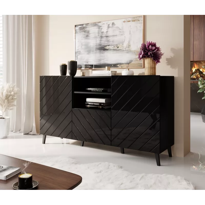 Kumode cama meble ABETO 150x42x82 cm, spīdīgi melna, MDF rāmis, 1 atvilktne