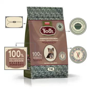 FOLK mazo šķirņu tradicionālais poļu gaļas mielasts ar trusi, jēru un paipalu - sausā suņu barība - 7kg